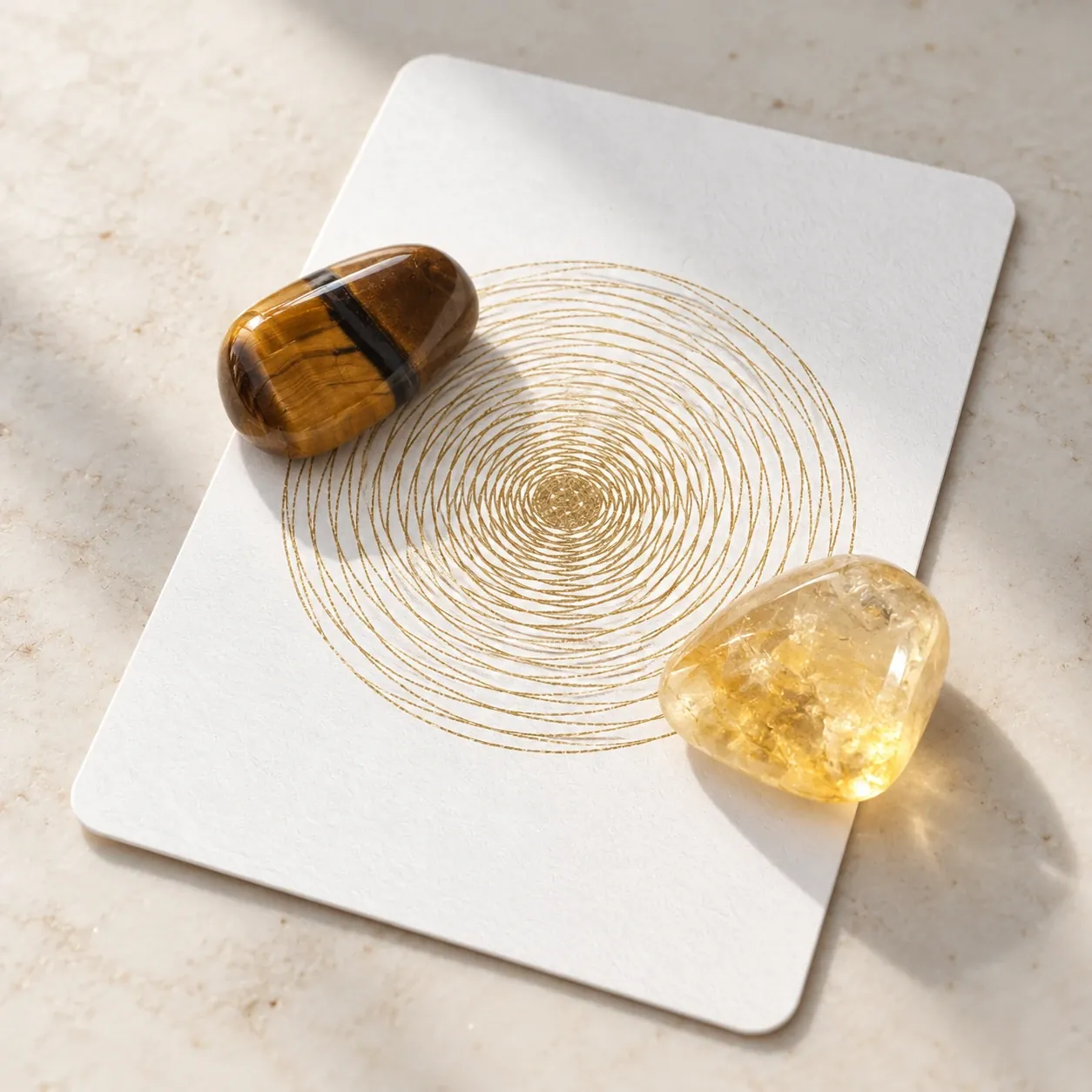 Tiger's eye and citrine resting on a gold spiral card