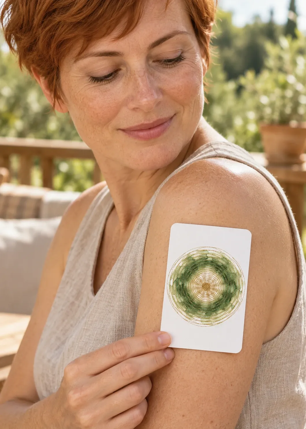 A woman holding a green and gold spiral card to her shoulder in the sun