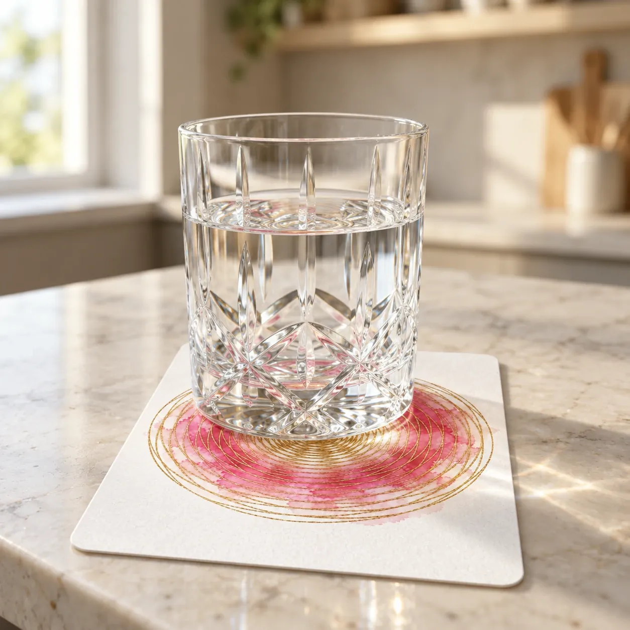 A crystal glass of water standing on a pink and gold spiral card