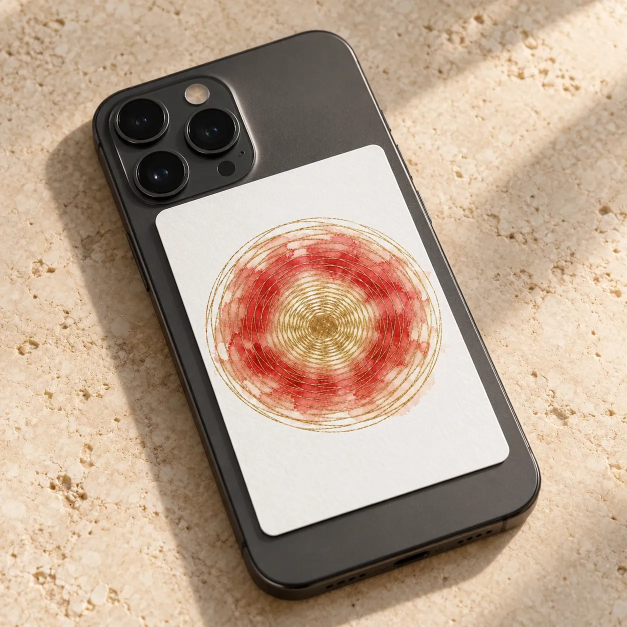 A red and gold spiral card on the back of a phone