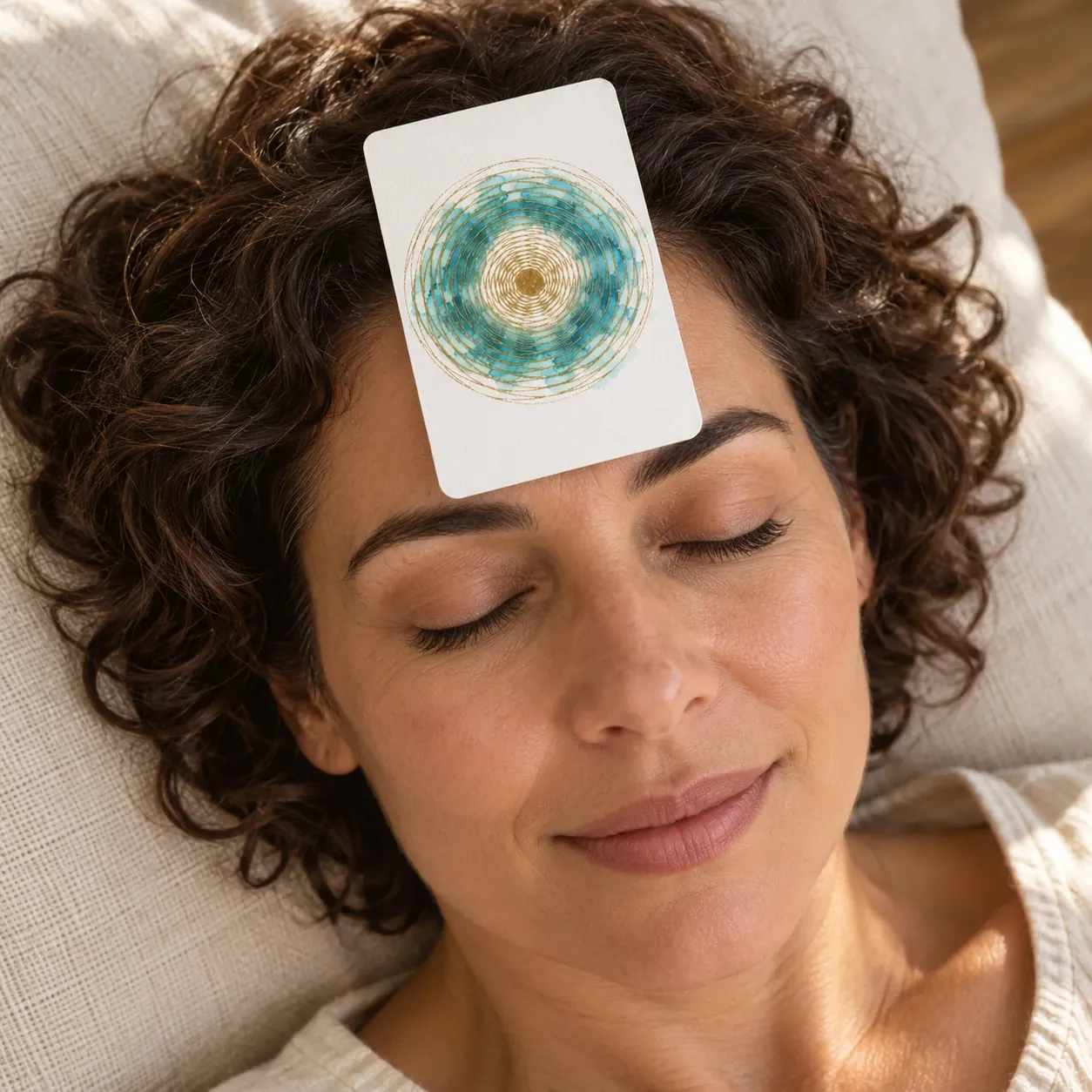 A woman resting with her eyes closed and a teal spiral card on her forehead