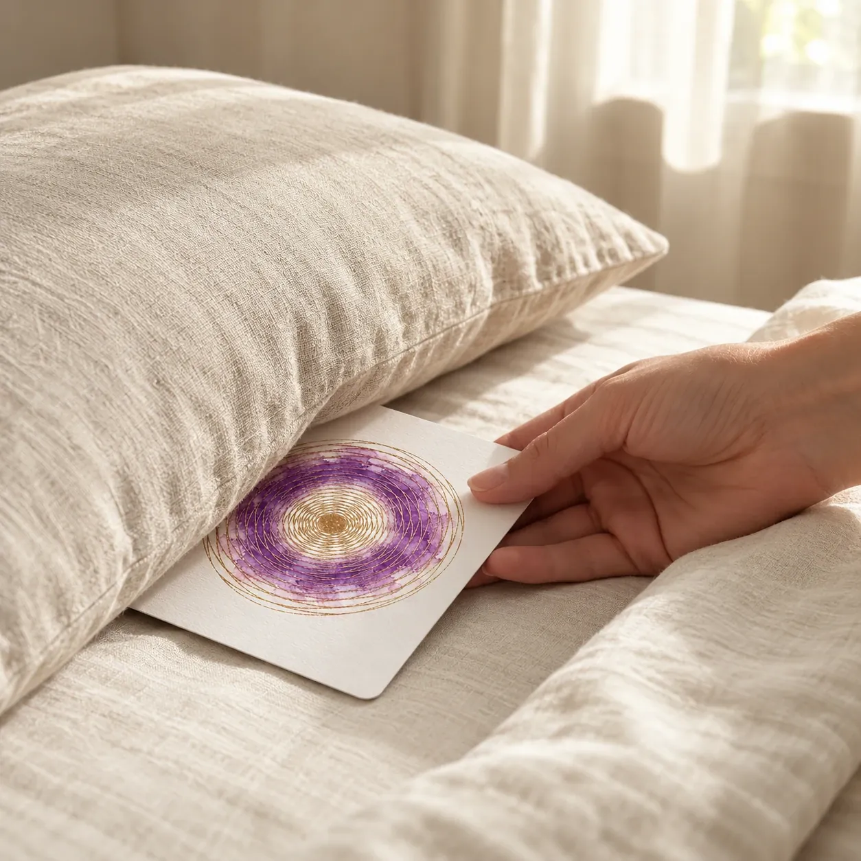 A hand slipping a violet and gold spiral card under a linen pillow